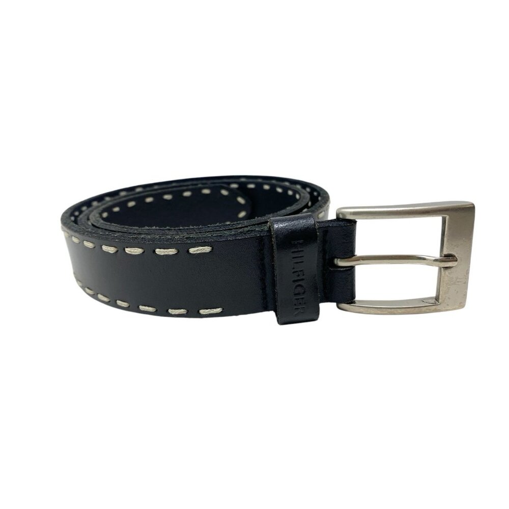 Tommy Hilfiger Womens Black Belt Large Stitch Detailing Size M Medium Logo 02701